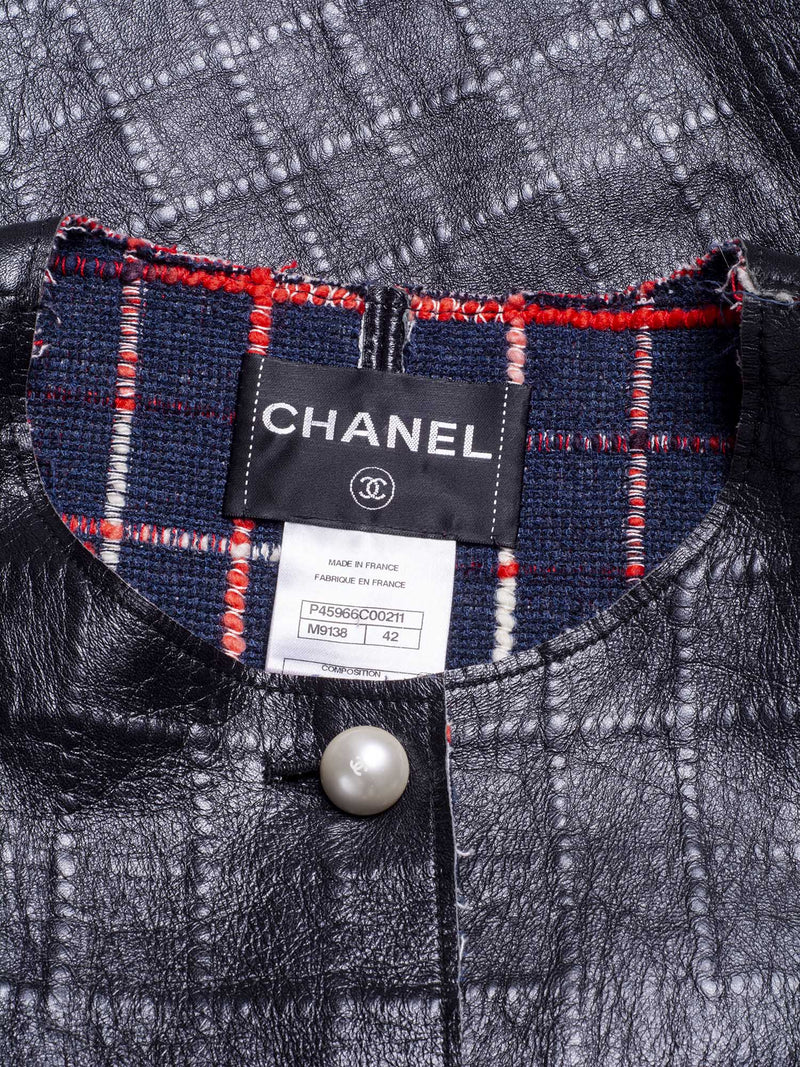 CHANEL Quilted Leather Tweed Fringe Jacket Black-designer resale