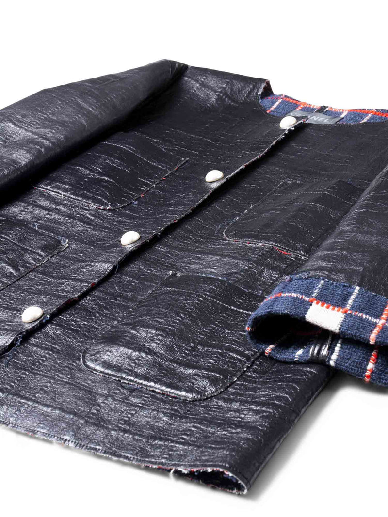 CHANEL Quilted Leather Tweed Fringe Jacket Black-designer resale
