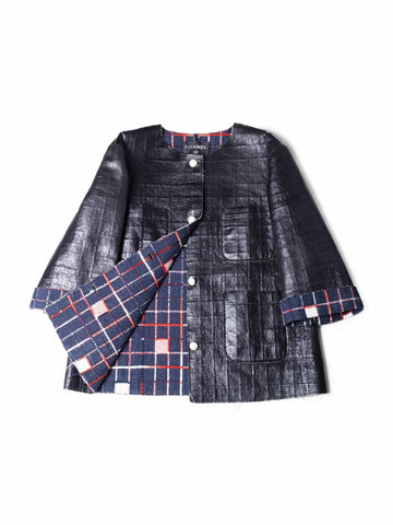 CHANEL Quilted Leather Tweed Fringe Jacket Black-designer resale