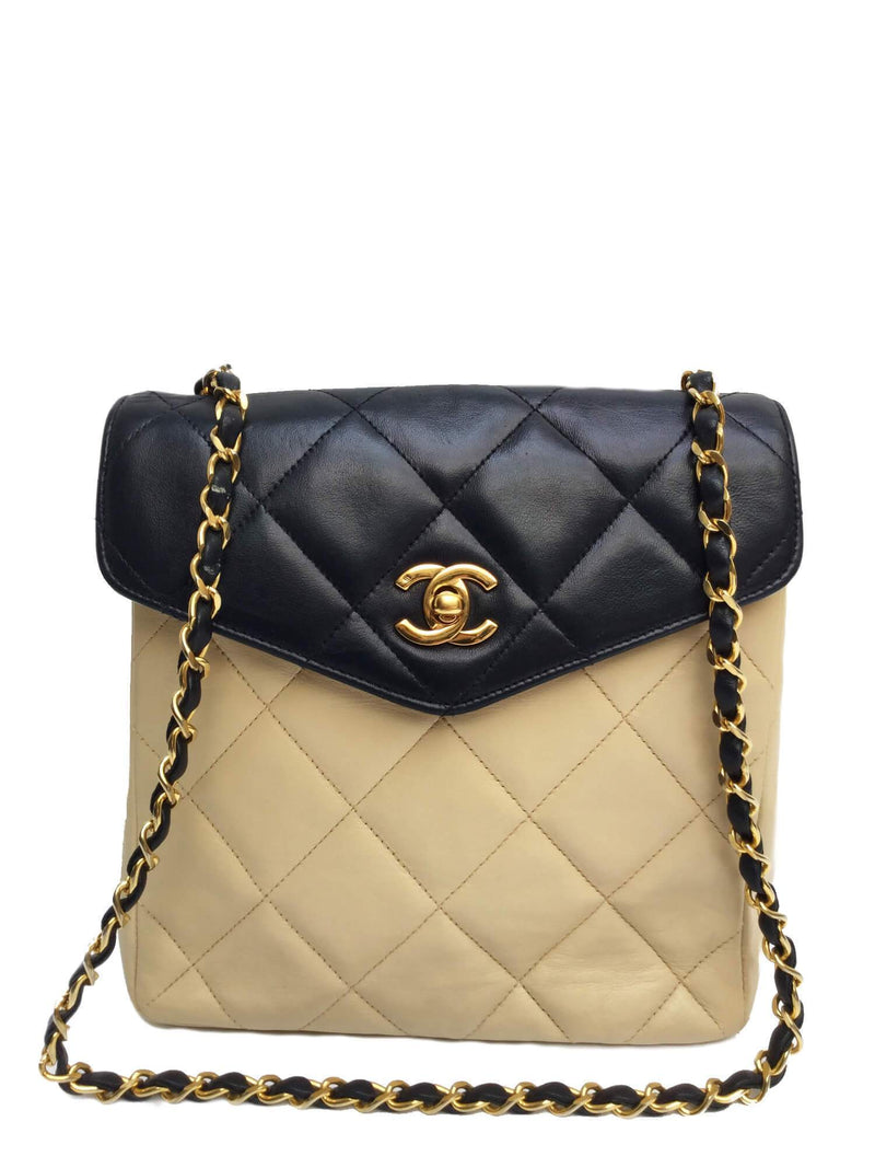 CHANEL Quilted Messenger Flap Bag Navy Blue Beige