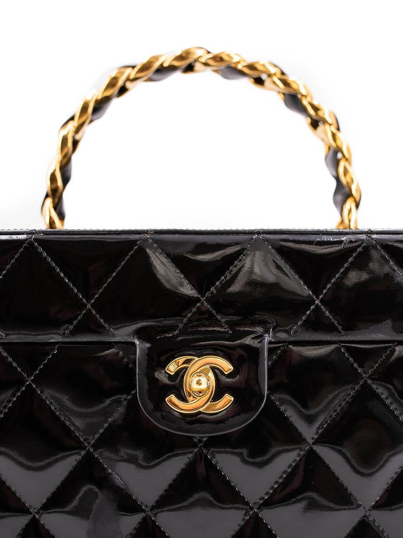 1996 Chanel Black Quilted Patent Leather Vintage Small Timeless Lunch Box  Bag