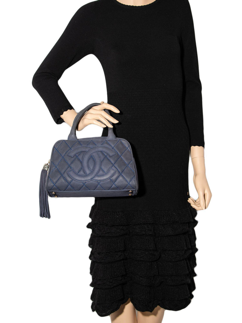CHANEL Quilted Soft Caviar Leather Mini Tassel Bowling Bag Blue-designer resale