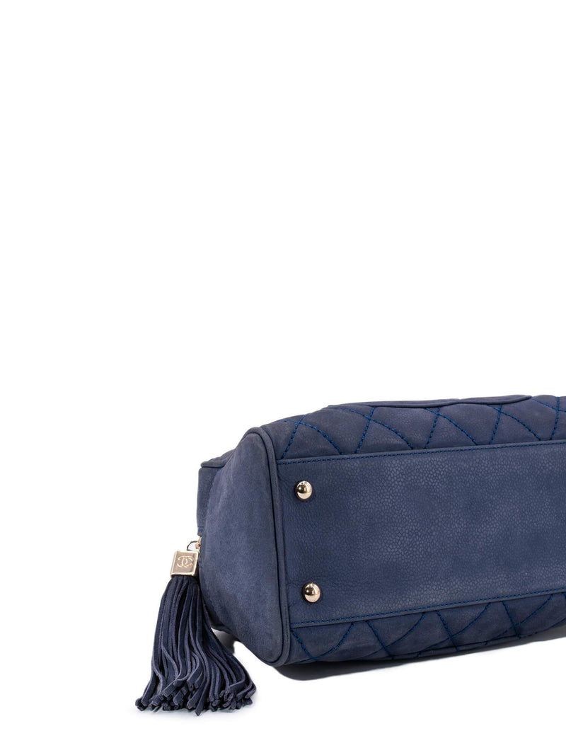 CHANEL Quilted Soft Caviar Leather Mini Tassel Bowling Bag Blue-designer resale