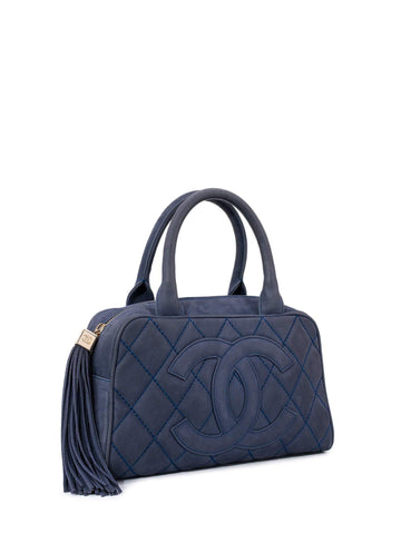 CHANEL Quilted Soft Caviar Leather Mini Tassel Bowling Bag Blue-designer resale