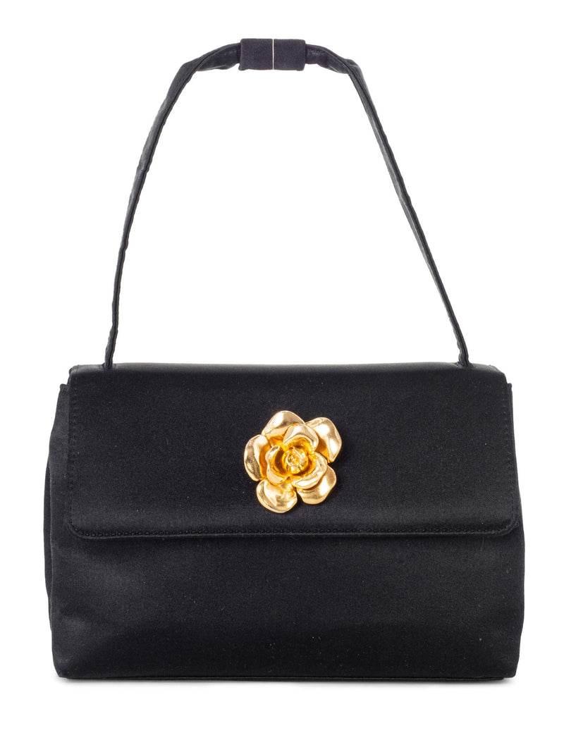 CHANEL Satin 24K Gold Camellia Mini Flap Bag Black-designer resale
