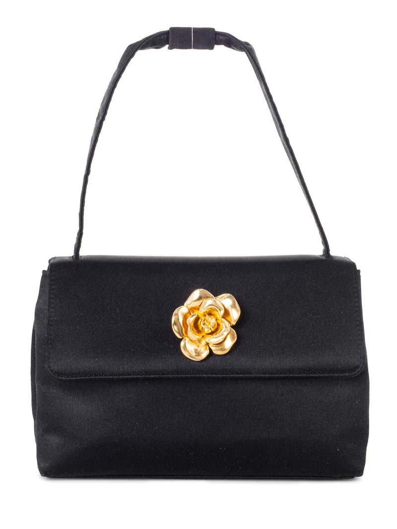 CHANEL Satin 24K Gold Camellia Mini Flap Bag Black
