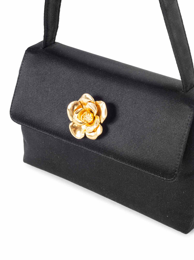 CHANEL Satin 24K Gold Camellia Mini Flap Bag Black