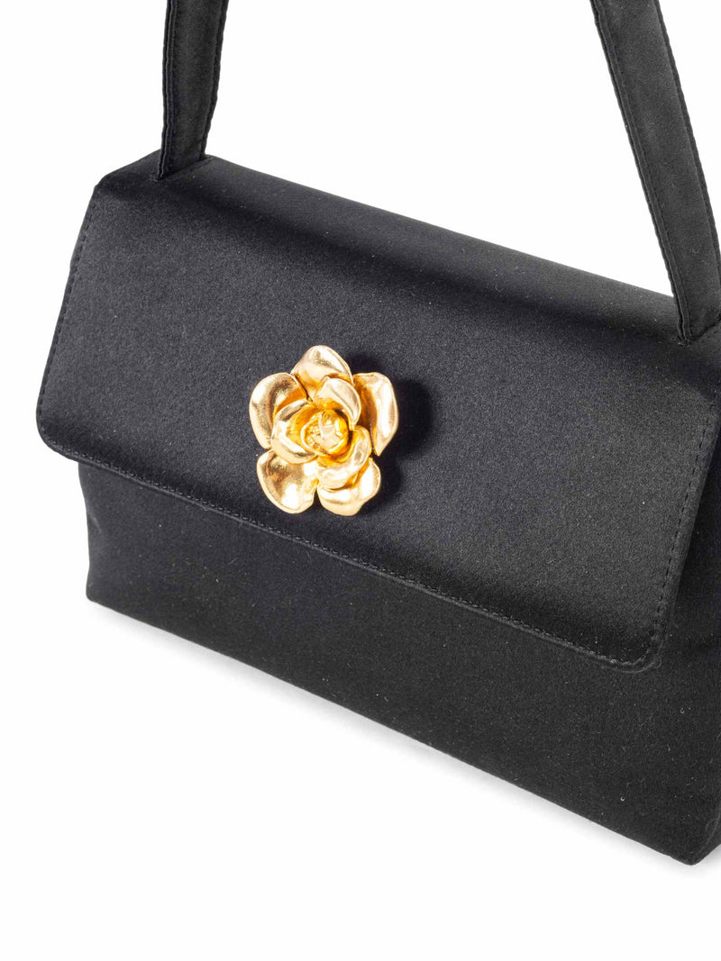 CHANEL Satin 24K Gold Camellia Mini Flap Bag Black-designer resale