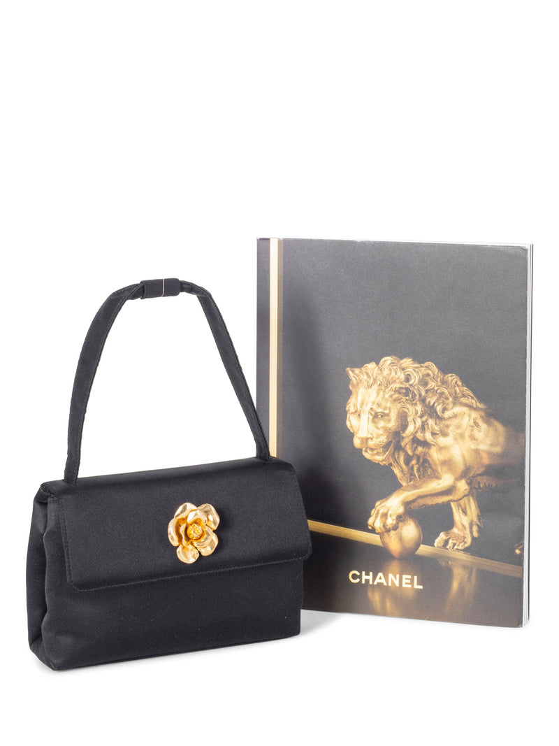 CHANEL Satin 24K Gold Camellia Mini Flap Bag Black