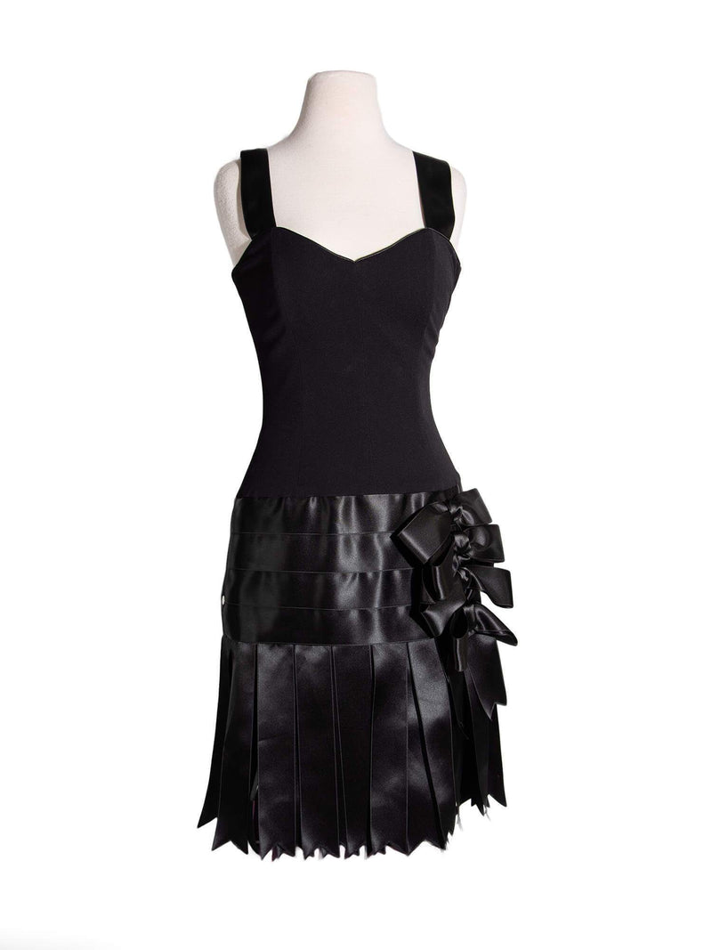 CHANEL Satin Silk Fringe Bow Mini Dress Black