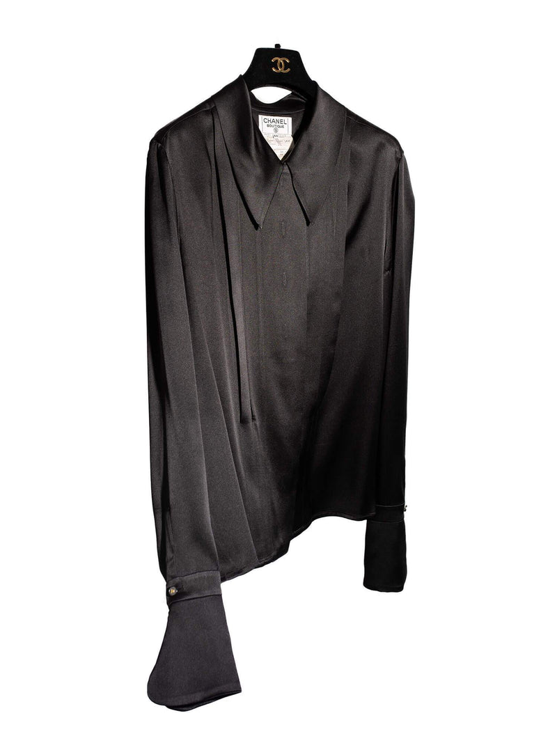 CHANEL Satin Silk Pleated Blouse Black-designer resale