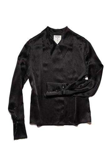 CHANEL Satin Silk Pleated Blouse Black-designer resale