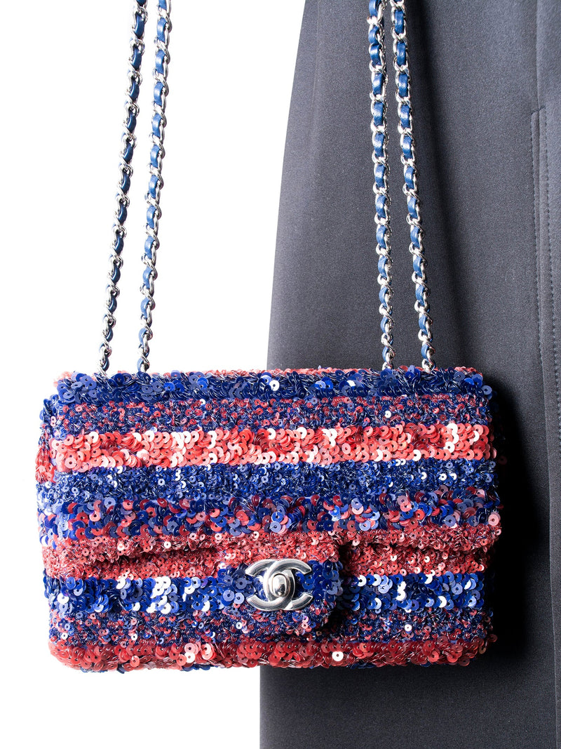 CHANEL Sequin Logo Mini Rectangular Flap Bag Red Blue-designer resale