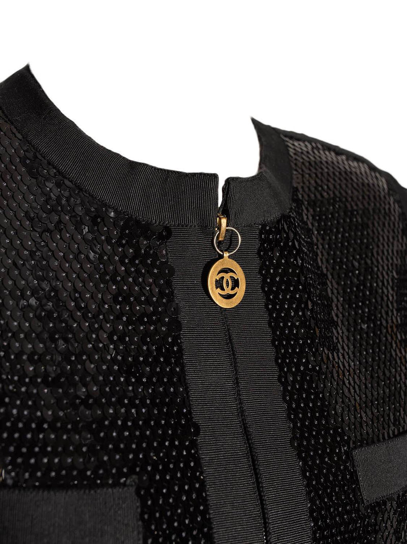 CHANEL Shiny Sequin Long Sleeve Mini Dress Black-designer resale