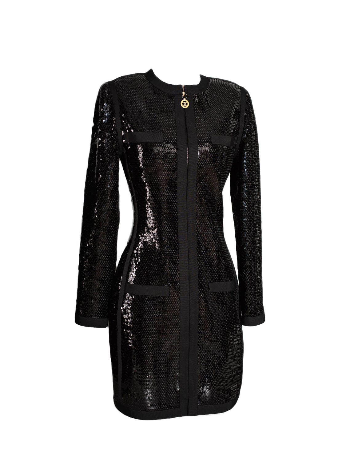 CHANEL Shiny Sequin Long Sleeve Mini Dress Black-designer resale