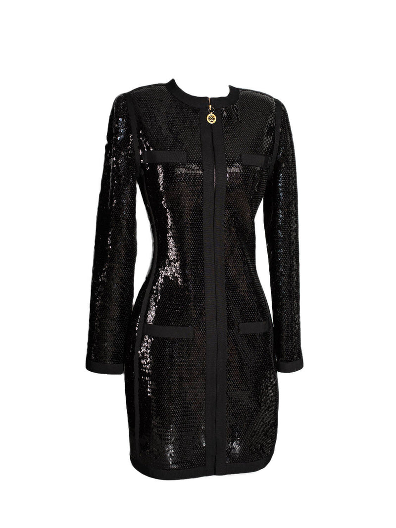 CHANEL Shiny Sequin Long Sleeve Mini Dress Black-designer resale