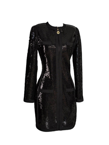 CHANEL Shiny Sequin Long Sleeve Mini Dress Black-designer resale