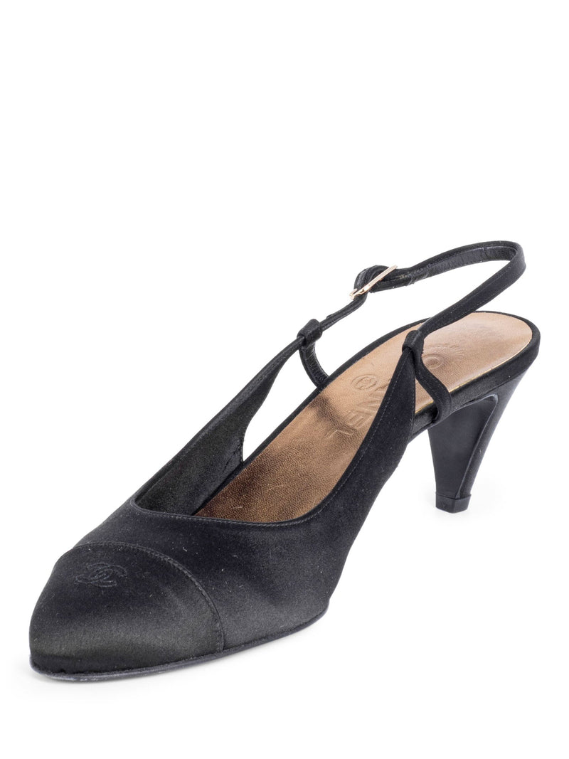 CHANEL Silk CC Logo Cap Toe Sling Back Kitten Heels Black-designer resale