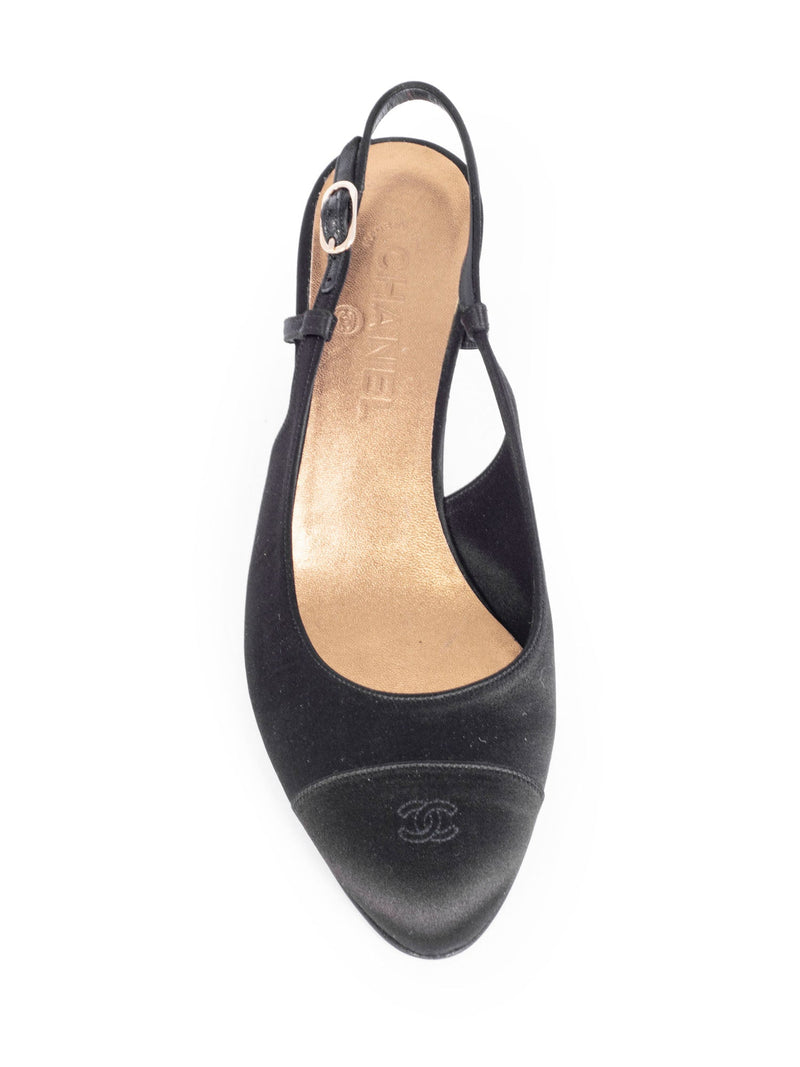 CHANEL Silk CC Logo Cap Toe Sling Back Kitten Heels Black-designer resale