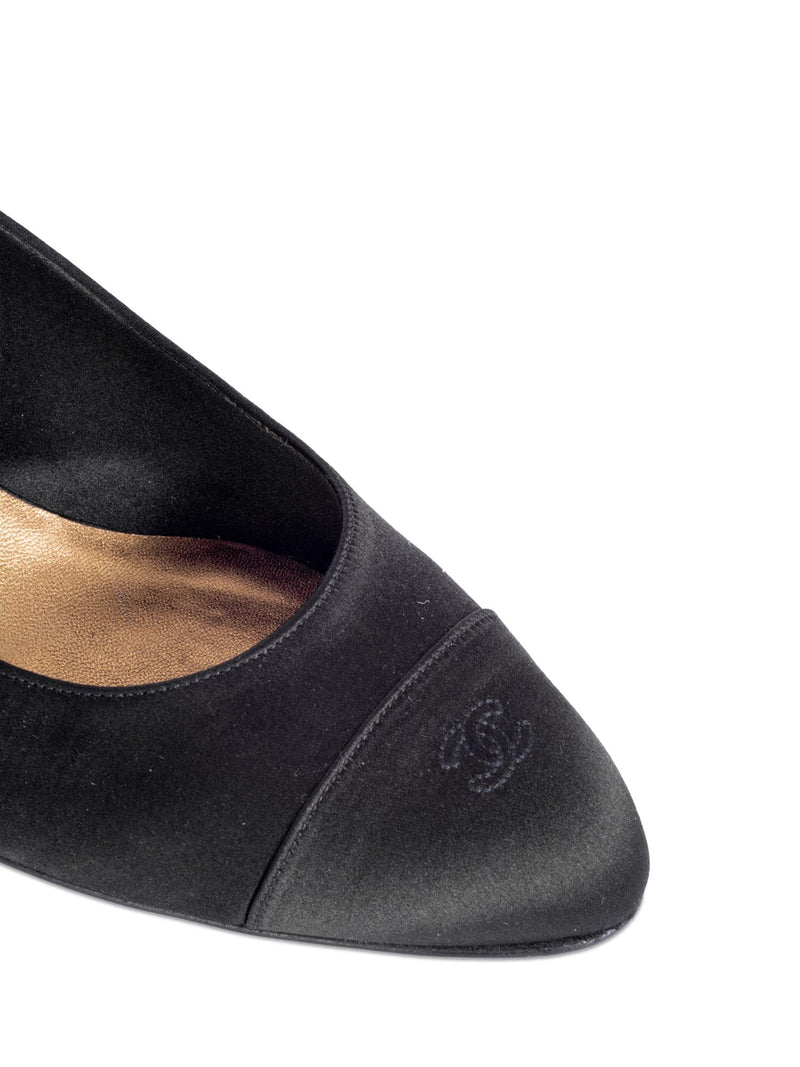 CHANEL Silk CC Logo Cap Toe Sling Back Kitten Heels Black-designer resale