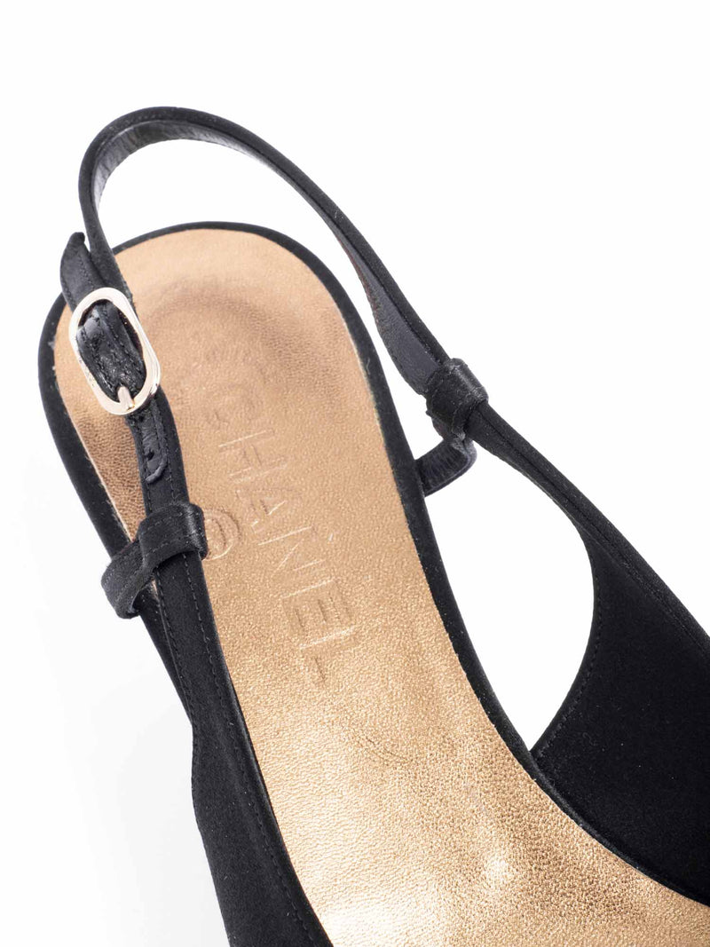 CHANEL Silk CC Logo Cap Toe Sling Back Kitten Heels Black-designer resale
