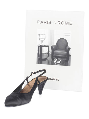 CHANEL Silk CC Logo Cap Toe Sling Back Kitten Heels Black-designer resale