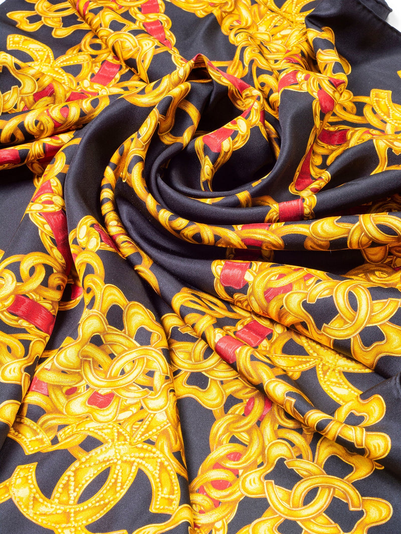 CHANEL Silk CC Logo Chain Scarf Black Gold-designer resale