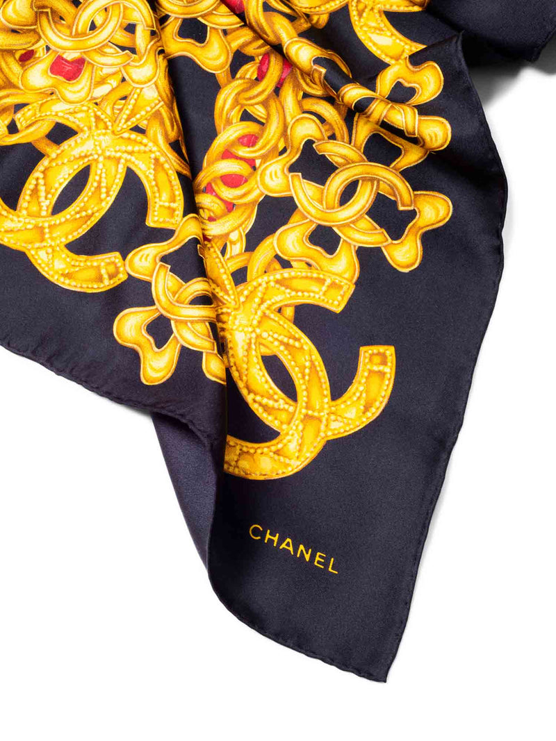 CHANEL Silk CC Logo Chain Scarf Black Gold-designer resale
