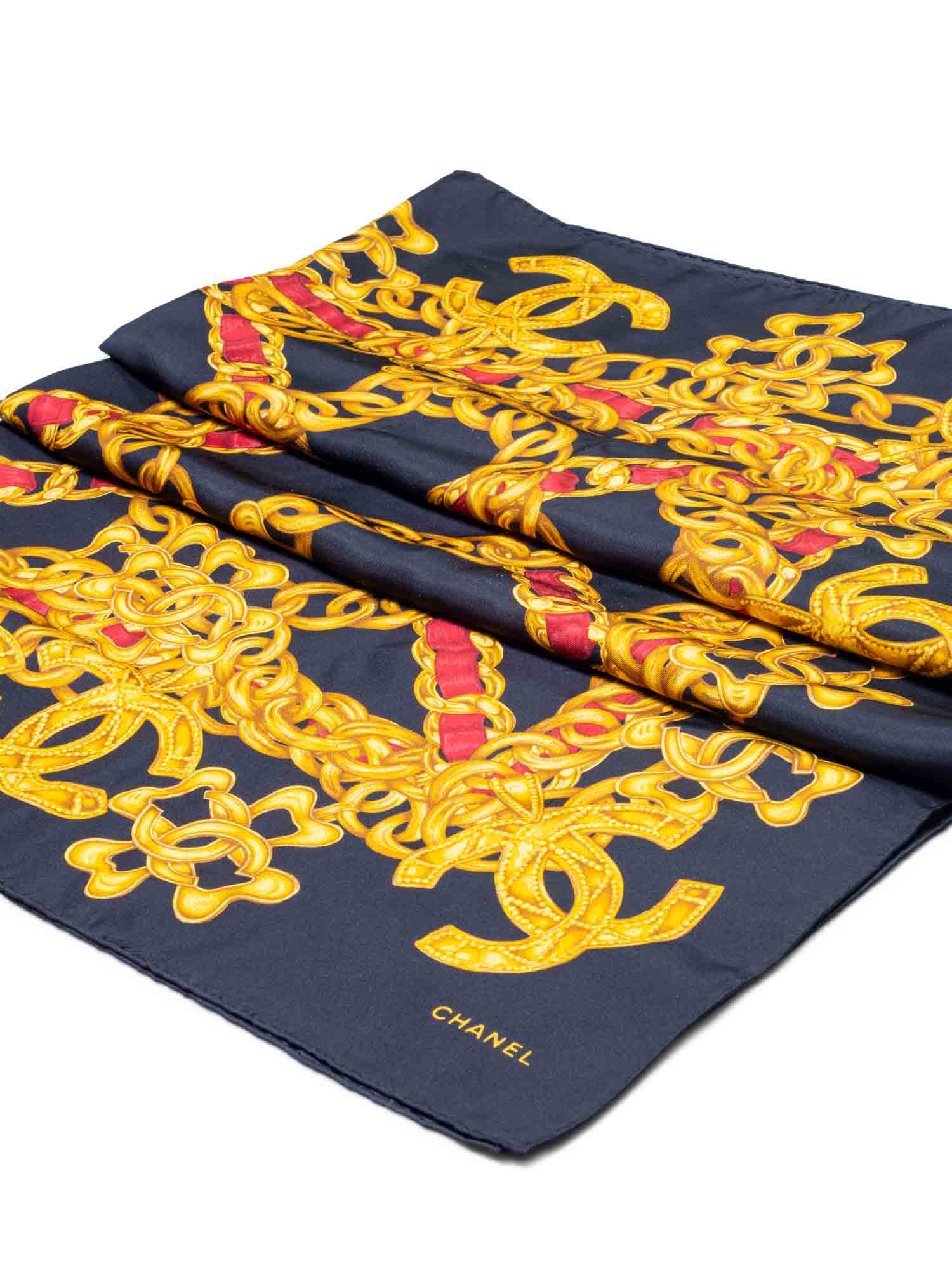 CHANEL Silk CC Logo Chain Scarf Black Gold-designer resale