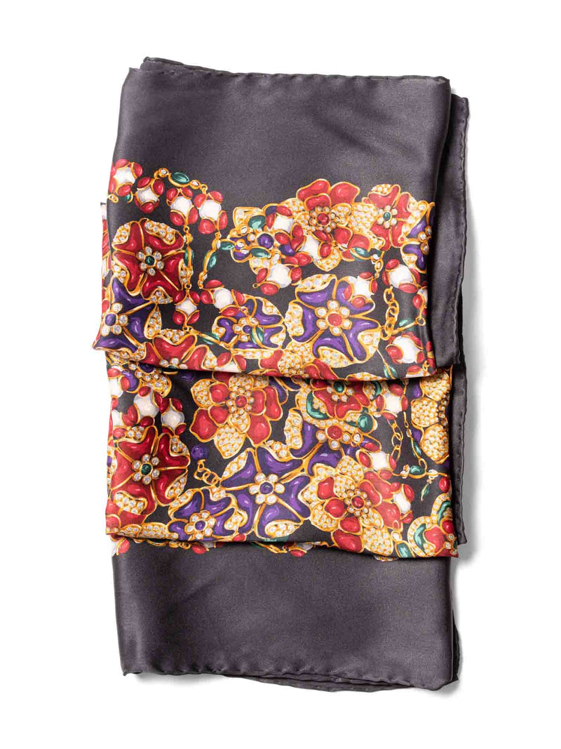 Chanel Vintage Multicolor Floral Gripoix & Pearl Print Silk Scarf