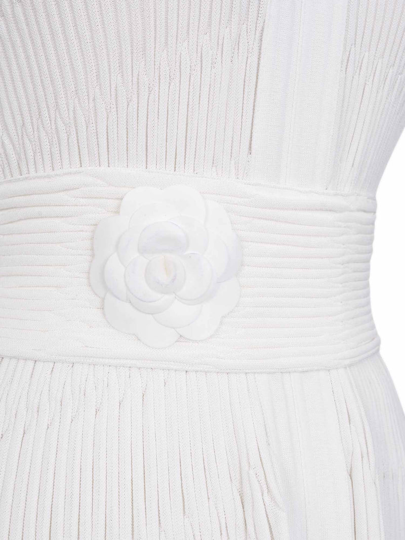 CHANEL Silk Camellia Pleated Belted Knit Dress White-designer resale