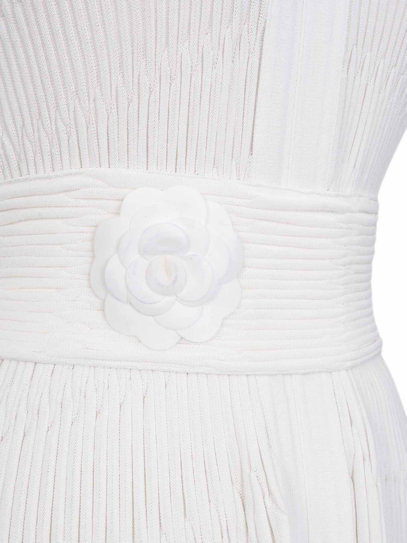 CHANEL Silk Camellia Pleated Belted Knit Dress White CHANEL Silk Camellia Pleated Belted Knit Dress White