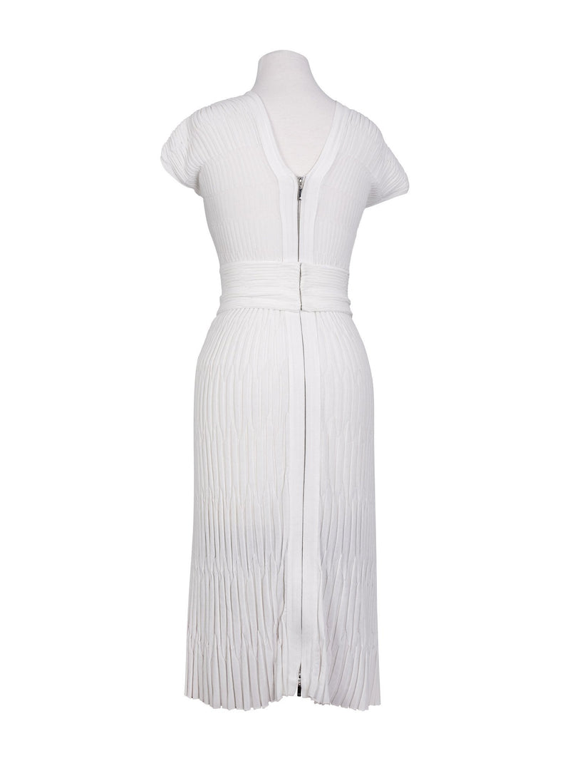 CHANEL Silk Camellia Pleated Belted Knit Dress White