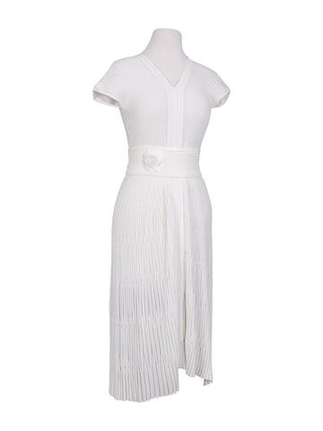 CHANEL Silk Camellia Pleated Belted Knit Dress White-designer resale