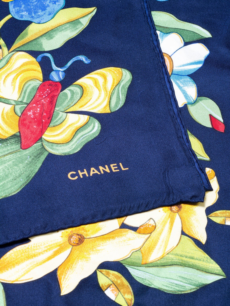 CHANEL Silk Floral Butterfly Scarf Blue-designer resale
