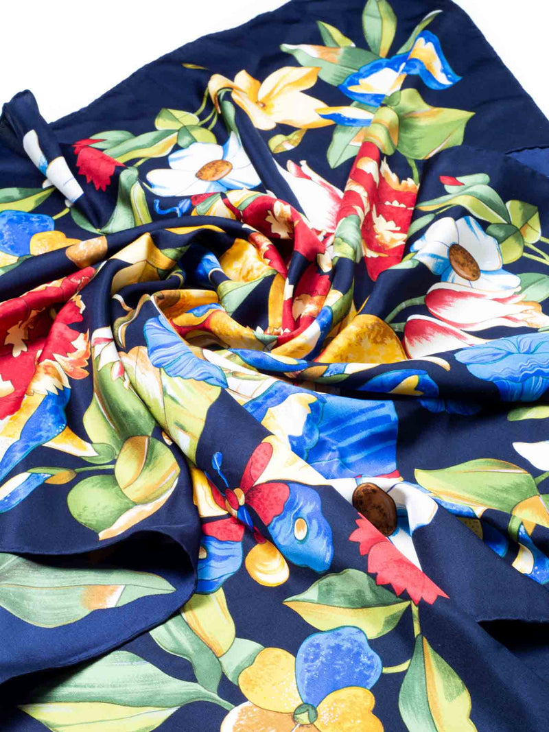 CHANEL Silk Floral Butterfly Scarf Blue