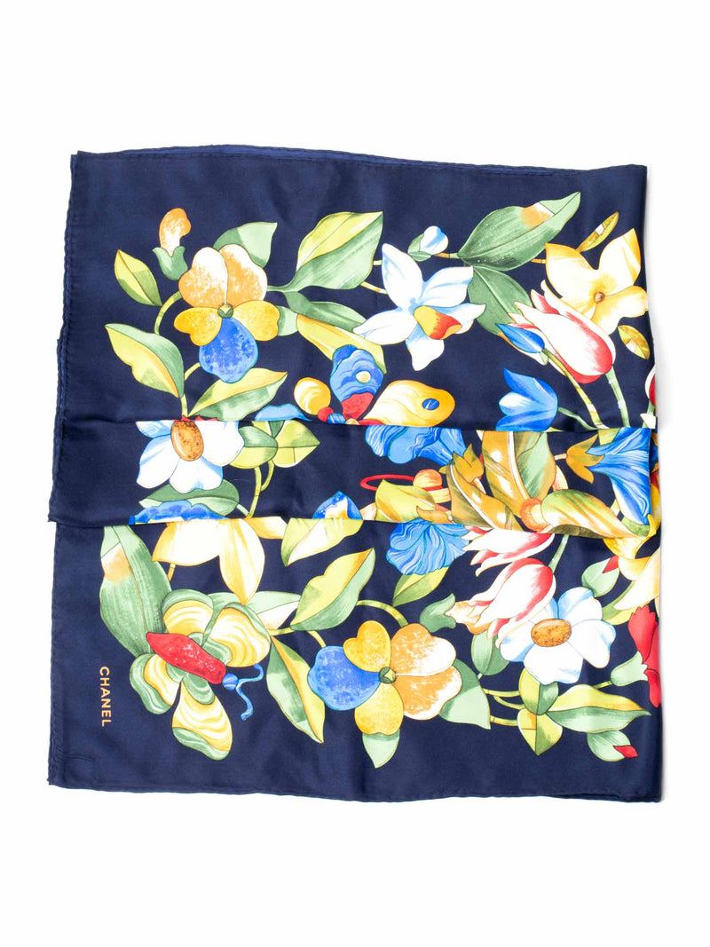 CHANEL Silk Floral Butterfly Scarf Blue-designer resale