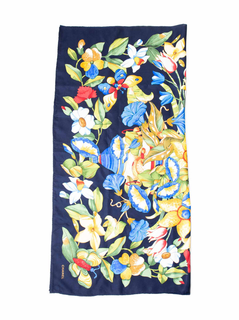 CHANEL Silk Floral Butterfly Scarf Blue-designer resale