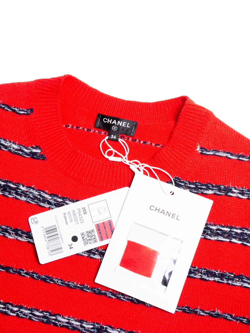 CHANEL Sparkly Fringe Cashmere Stripe Cropped Sweater Red-designer resale