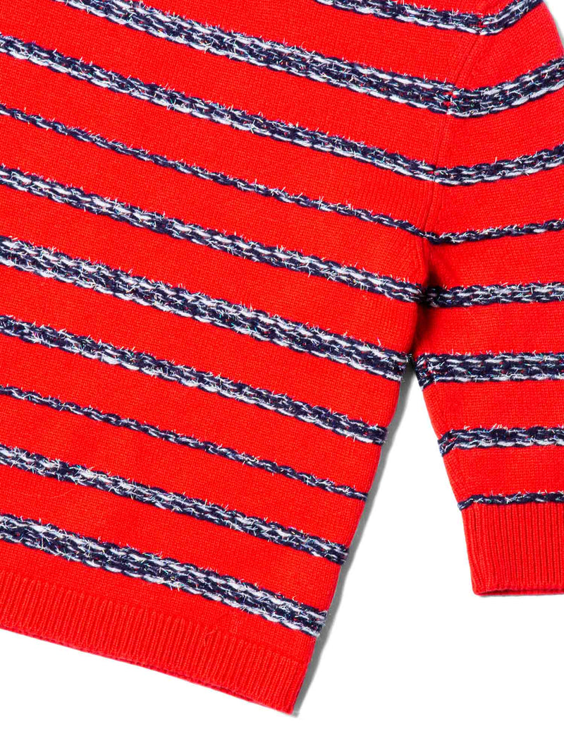 CHANEL Sparkly Fringe Cashmere Stripe Cropped Sweater Red-designer resale