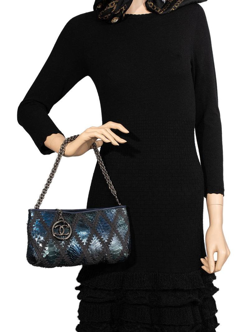 CHANEL Stitch CC Logo Pochette Bag Blue Green-designer resale