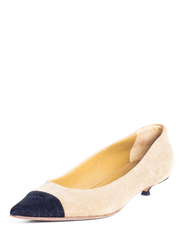 CHANEL Suede Leather Camellia Cap Toe Kitten Heels Beige Black-designer resale