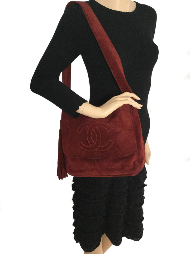 CHANEL Suede Tassel CC Shoulder Bag Red-designer resale