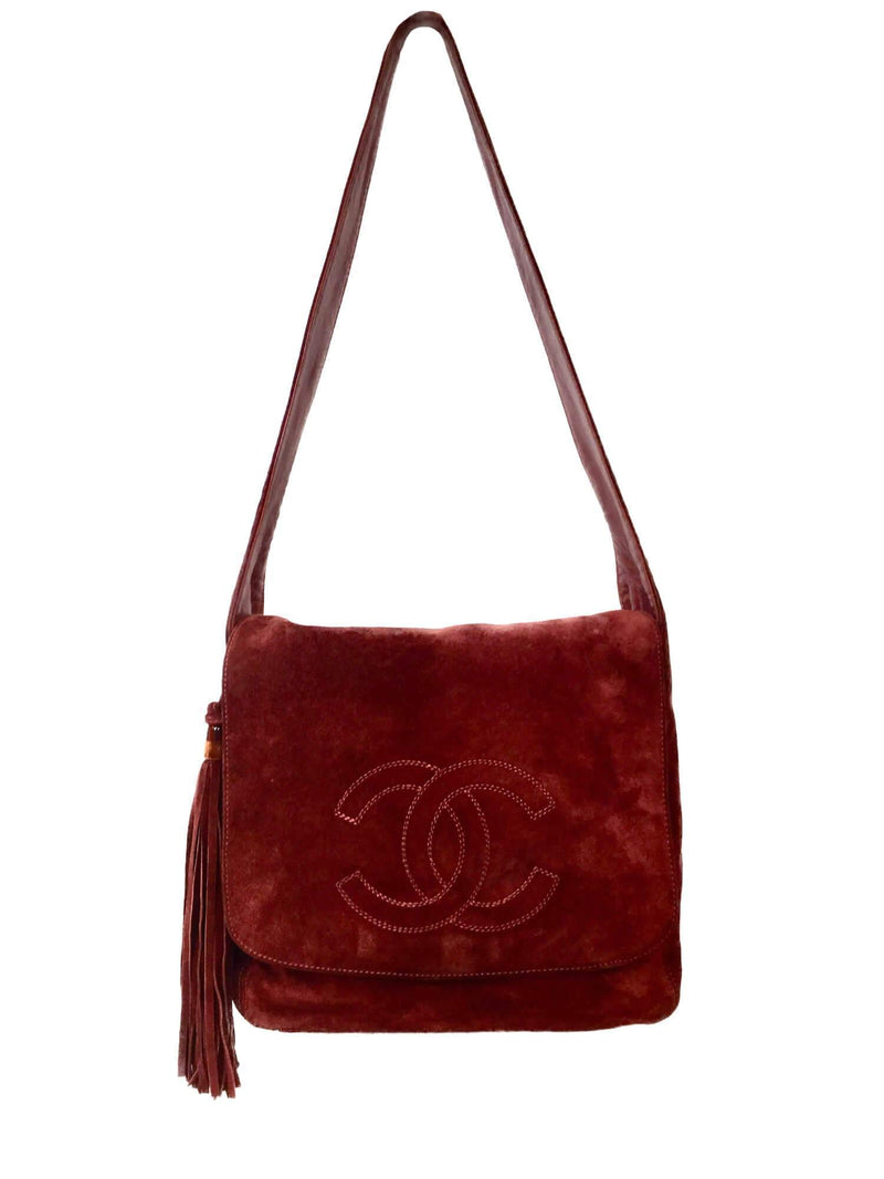 CHANEL Suede Tassel CC Shoulder Bag Red