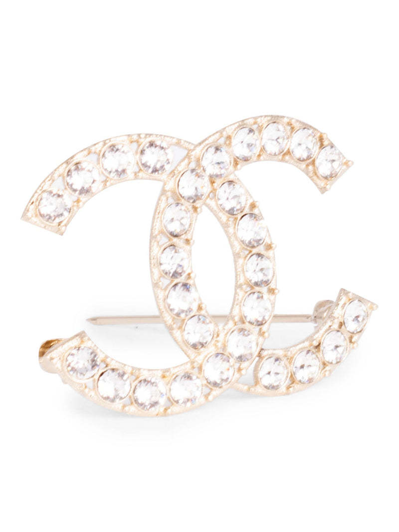 CHANEL Swarovski Crystal CC Logo Brooch Pin Gold