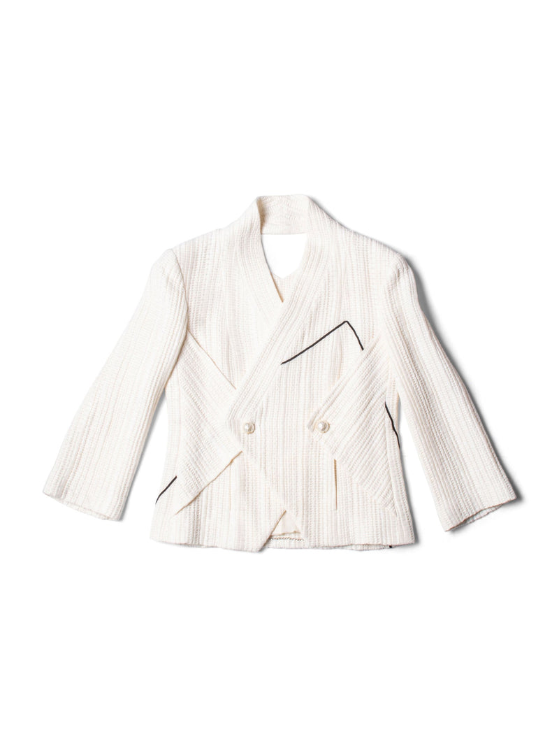 CHANEL Tweed CC Logo Hammered Pearl Cut Out Jacket Ivory