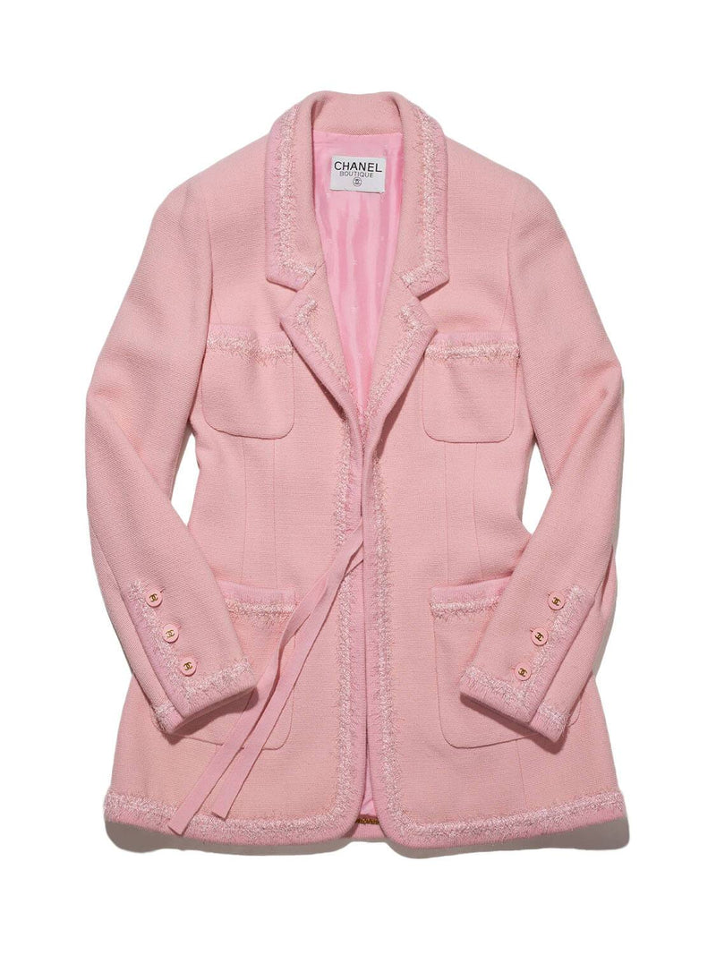 CHANEL Tweed Fringe Fitted Jacket Pink
