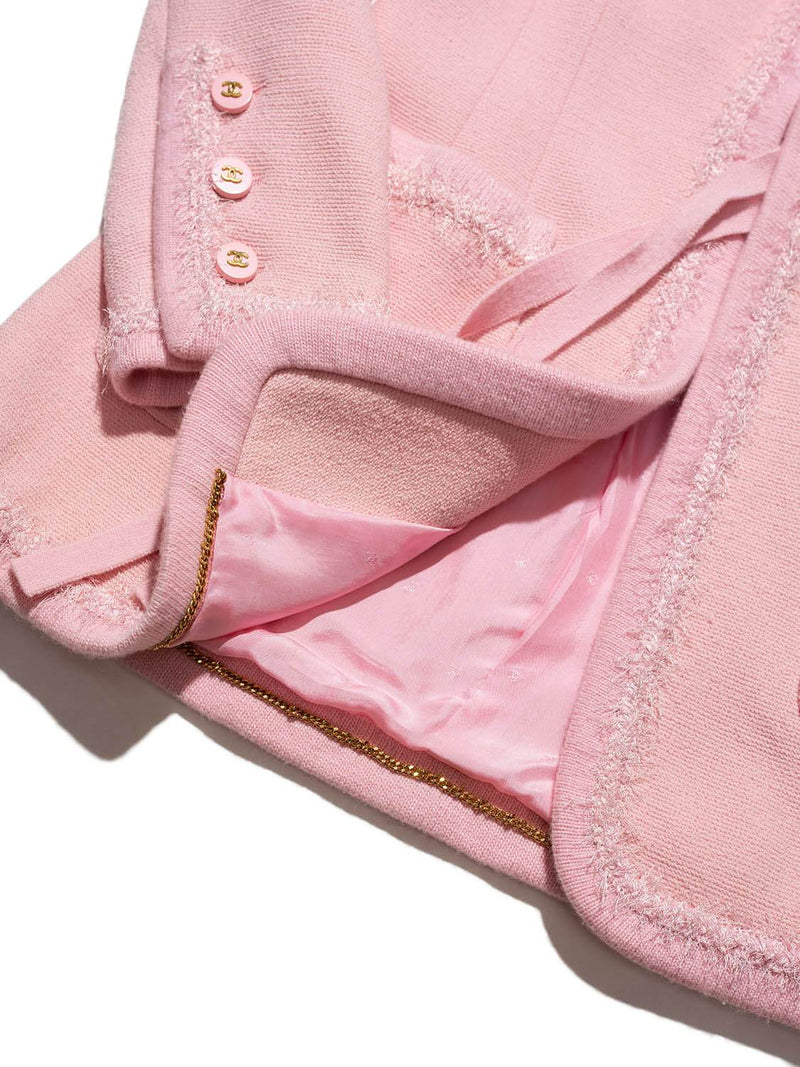 CHANEL Tweed Fringe Fitted Jacket Pink-designer resale