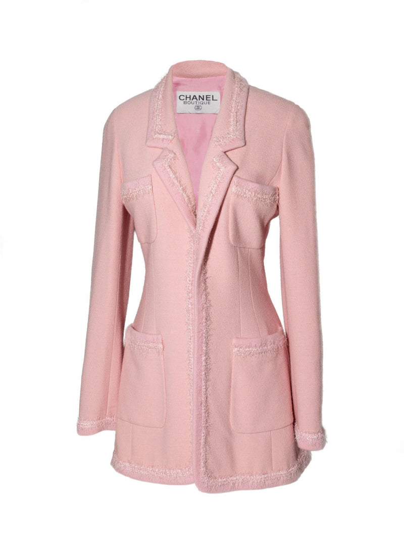 CHANEL Tweed Fringe Fitted Jacket Pink-designer resale