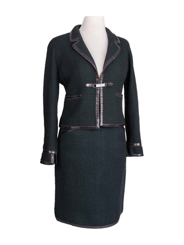 CHANEL Tweed Leather Fitted Skirt Suit Set Green-designer resale